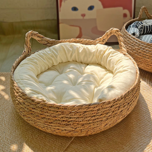 Cama Cesto para Gatos em Fibra Natural com Almofada – Snouty™ | Aconchego, Estilo e Conforto Natural